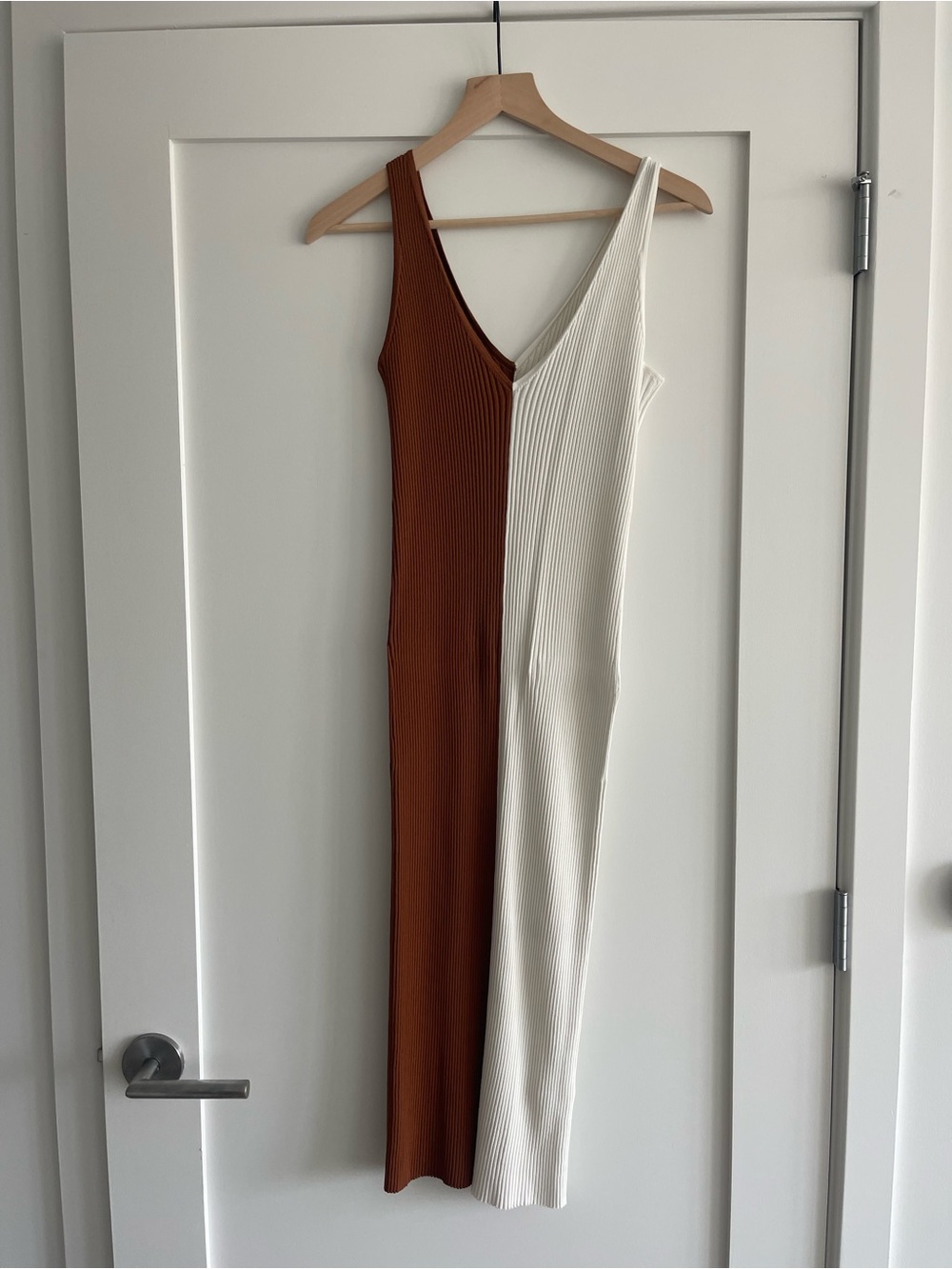 STAUD Two-Tone Ribbed Midi Dress in Cream and Brown - Picture 2 of 2